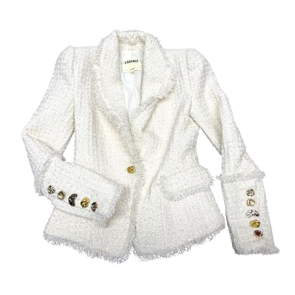 L’Agence Kaisley Tweed Blazer Ivory Gold Button Structured Jacket 2 - Picture 10 of 15